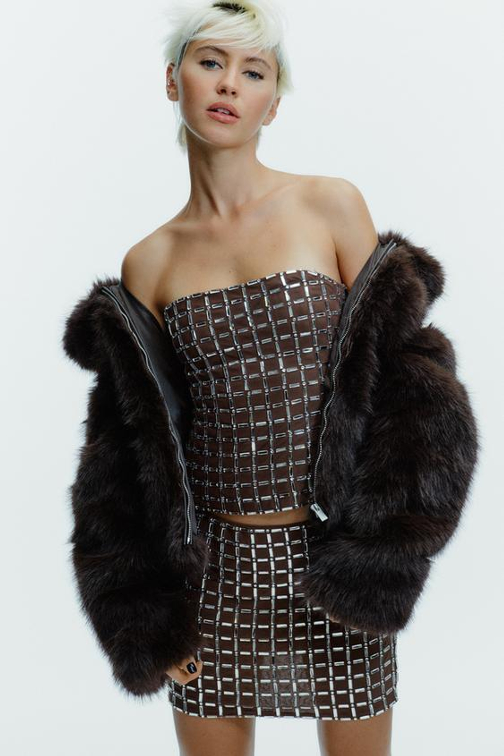 ZARA МИНИ-ЮБКА СО СТРАЗАМИ, КОРИЧНЕВЫЙ