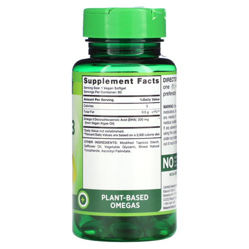 Nature's Truth, Веганское масло из водорослей омега-3 и ДГК, 200 мг, 60 веганских мягких таблеток