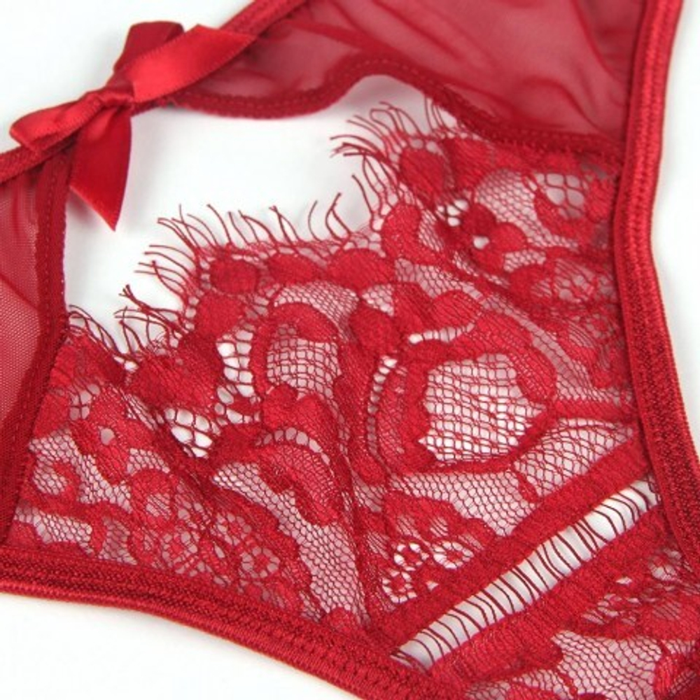 Пояс для чулок с ремешками и трусики Flower&bow, красные, M-L