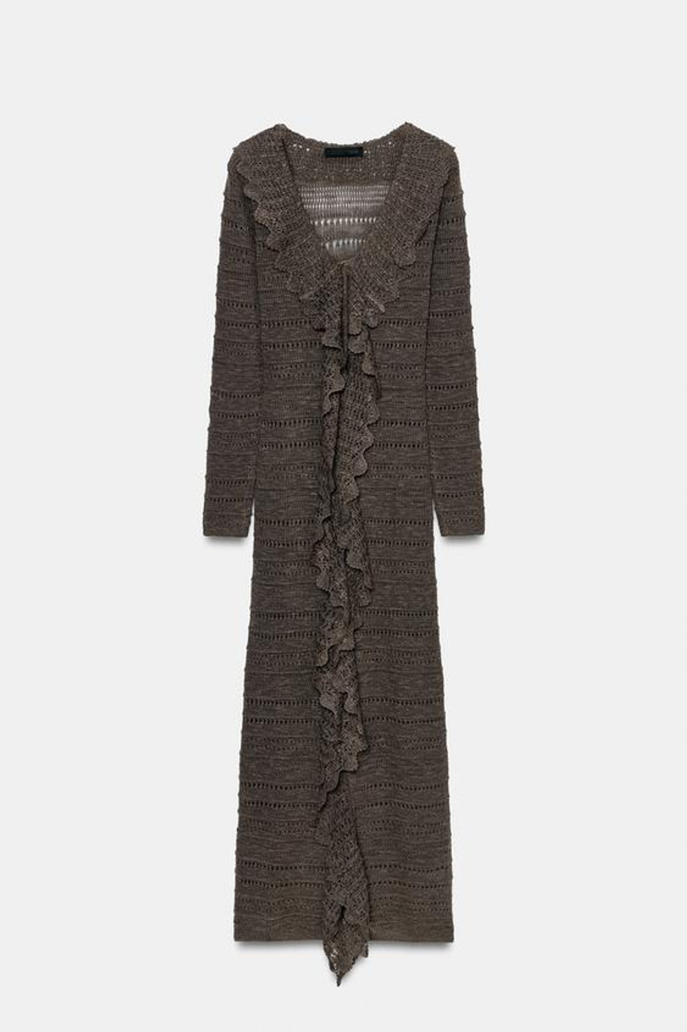 ZARA ПЛАТЬЕ ИЗ ТРИКОТАЖА POINTELLE С ВОЛАНАМИ, СЕРОВАТО-КОРИЧНЕВЫЙ