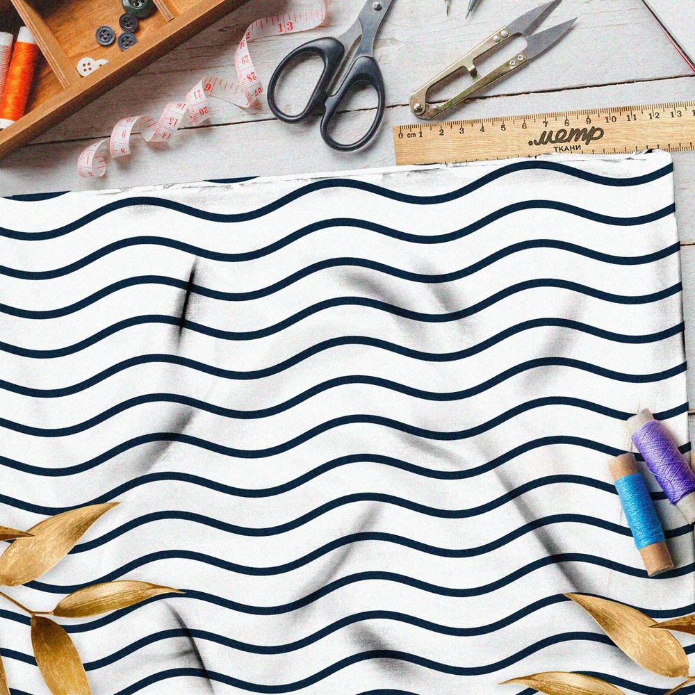 Ткань блэкаут чёрные волны на белом фоне