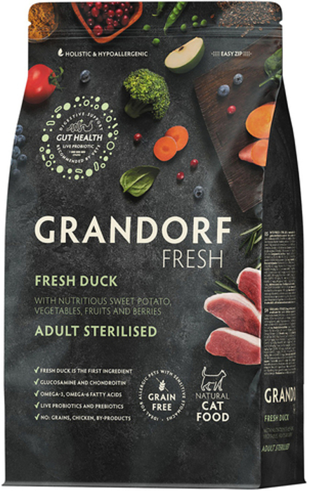 Grandorf Fresh 400гр Holistic Sretilised Duck&Sweet Potato Сухой корм для стерилизованных кошек, свежее мясо утки с бататом