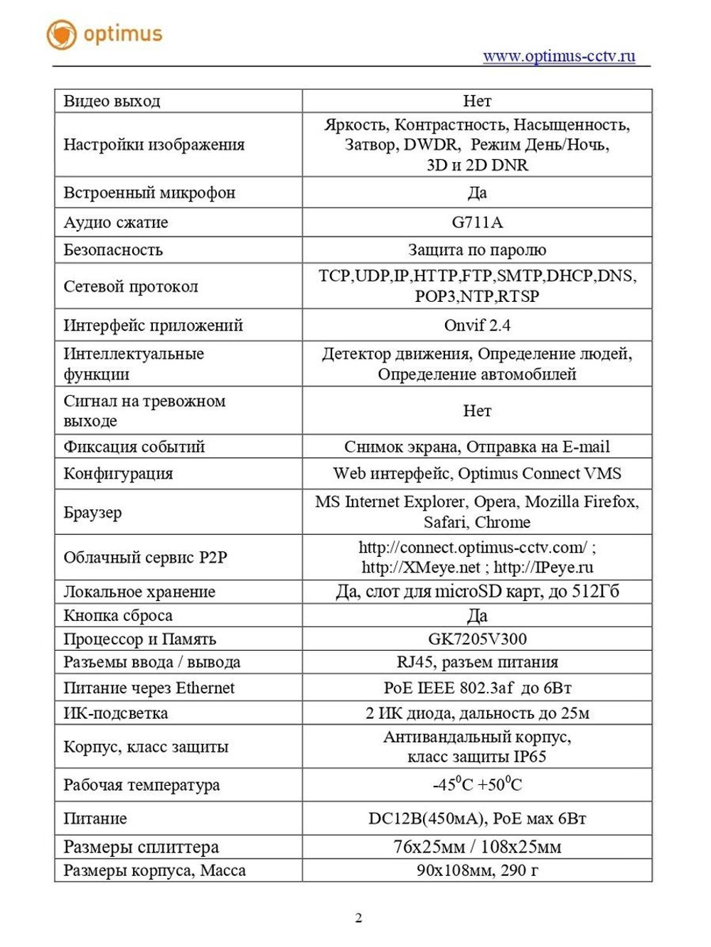 Видеокамера Optimus IP-S045.0(2.8)MPC