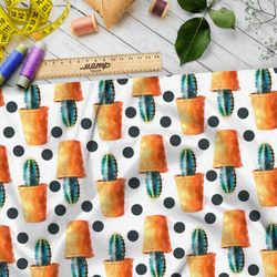 Ткань шифон кактусы в горшках на белом в горошек фоне