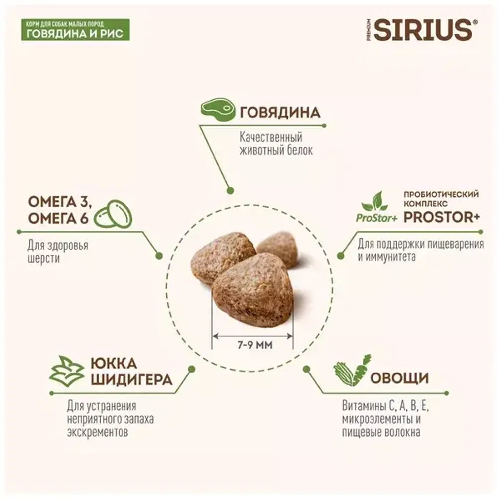 Сухой корм Sirius для взрослых собак малых пород с говядиной и рисом
