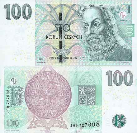 Чехия 100 крон 1997-2018 Карл IV UNC