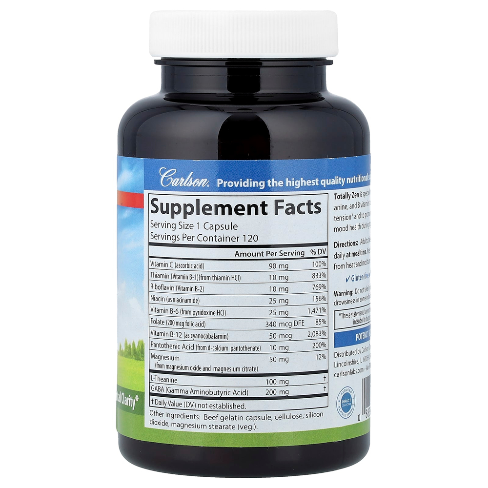 Carlson, Totally Zen с ГАМК, L-теанином и витаминами группы B, 120 капсул