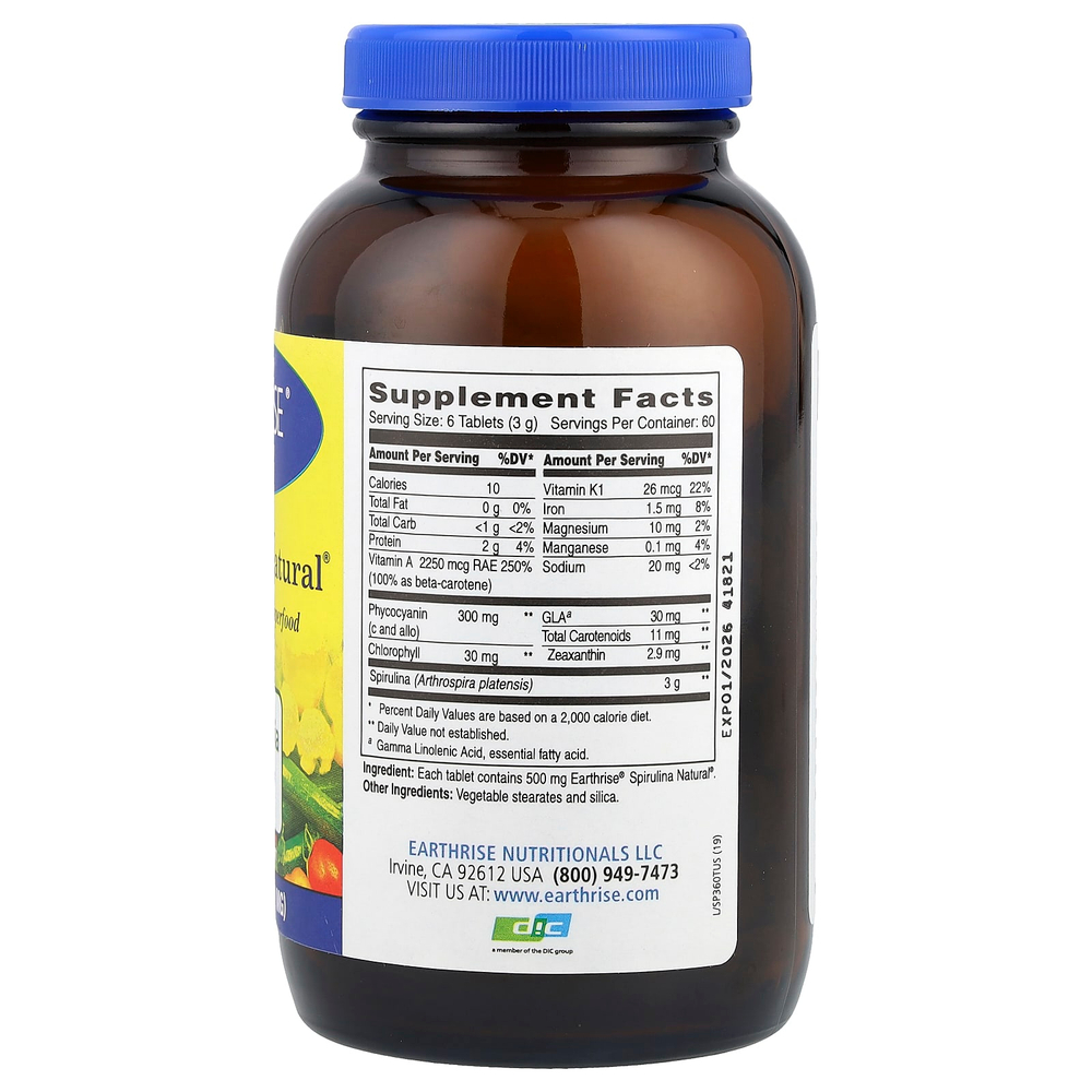 Earthrise, Spirulina Natural, добавка со спирулиной, 500 мг, 360 таблеток