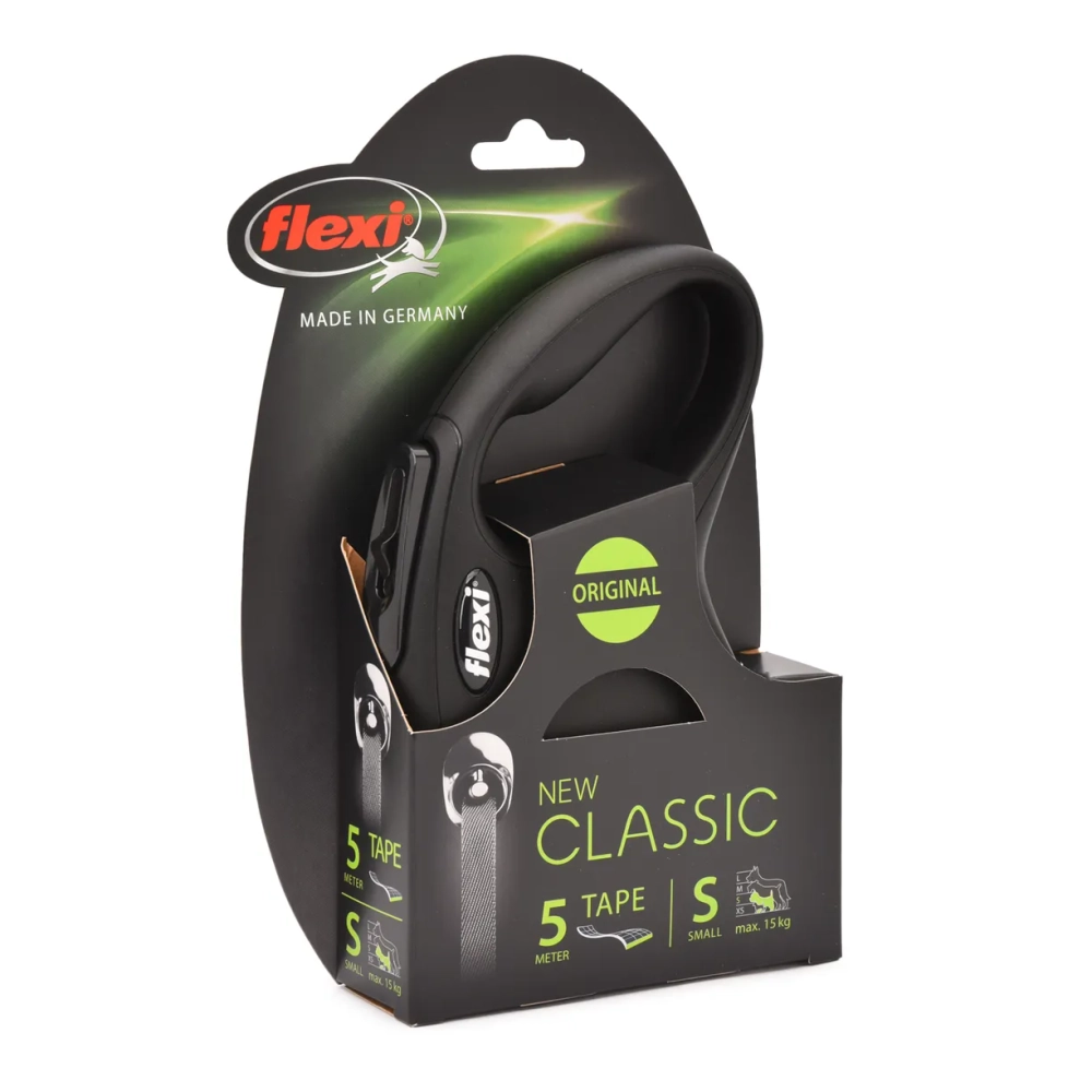 Flexi New Classic S 5м до 15кг поводок-рулетка РЕМЕНЬ, ЧЁРНЫЙ 1/12