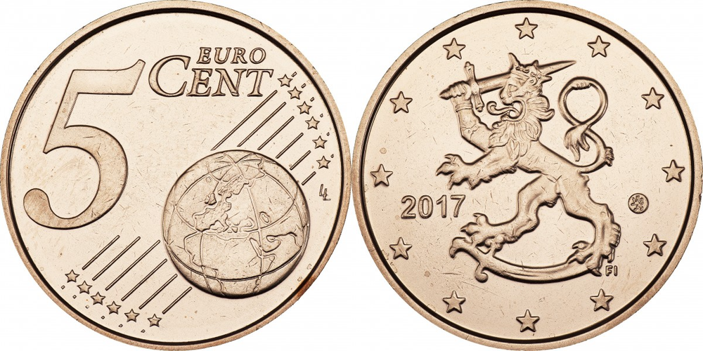 Финляндия 5 евроцентов, 1999-2024 Лев XF
