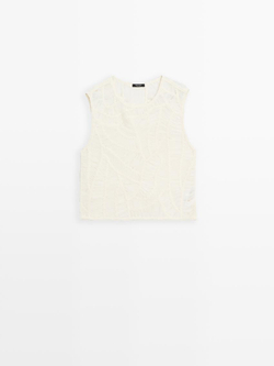 Massimo Dutti Топ из кружева кроше ажурной вязки с цветочным принтом, кремовый