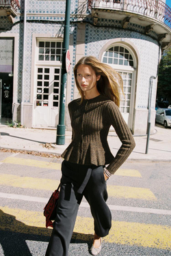 ZARА ВЯЗАНЫЙ КАРДИГАН В РУБЧИК С БАСКОЙ, ЗЕЛЕНЫЙ МЕЛАНЖ