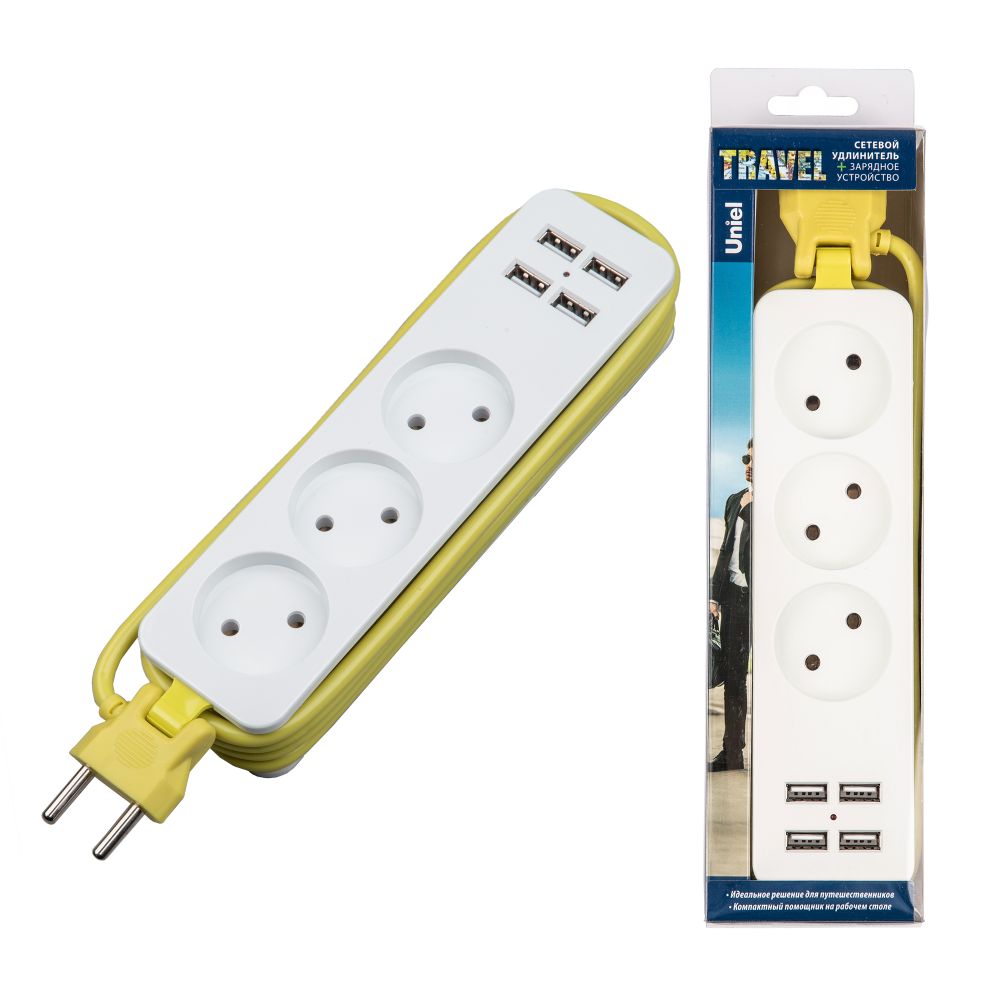 S-CT3-1,8U WHITE/GREEN Удлинитель серии Travel, шнур 1,8м., 3 гнездa, 10A, б/з, 4USB(3,1A). Белый с салатовым. ТМ Uniel