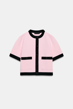 ZARA КОМБИНИРОВАННЫЙ КАРДИГАН С КОРОТКИМИ РУКАВАМИ, РОЗОВЫЙ