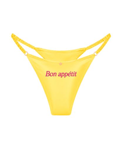 трусы стринги шелковые с надписью Bon appetit желтые