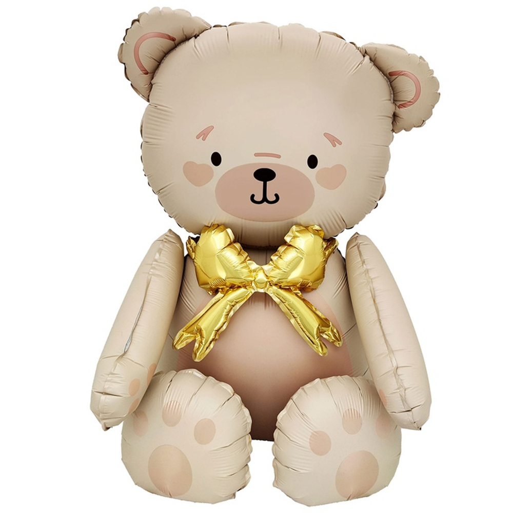 Шар Фольгированный Мишка бежевый бант золотой (Бежевый)