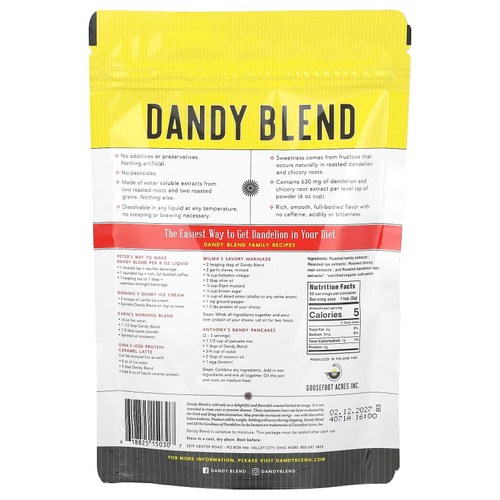 Dandy Blend, растворимый травяной напиток с органическим одуванчиком, без кофеина, 100 г (3,53 унции)