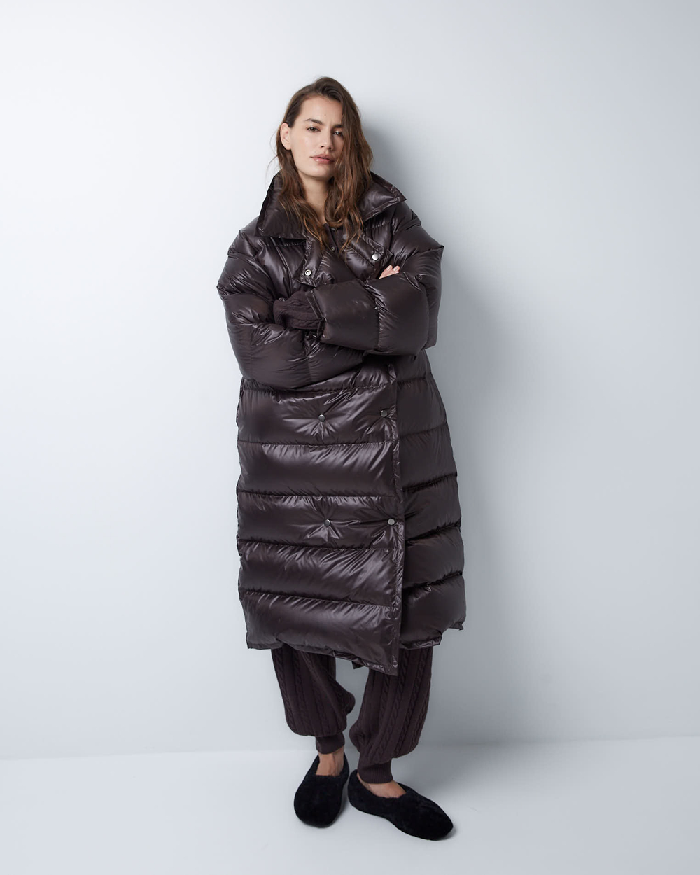 Пуховик двубортный темный шоколад