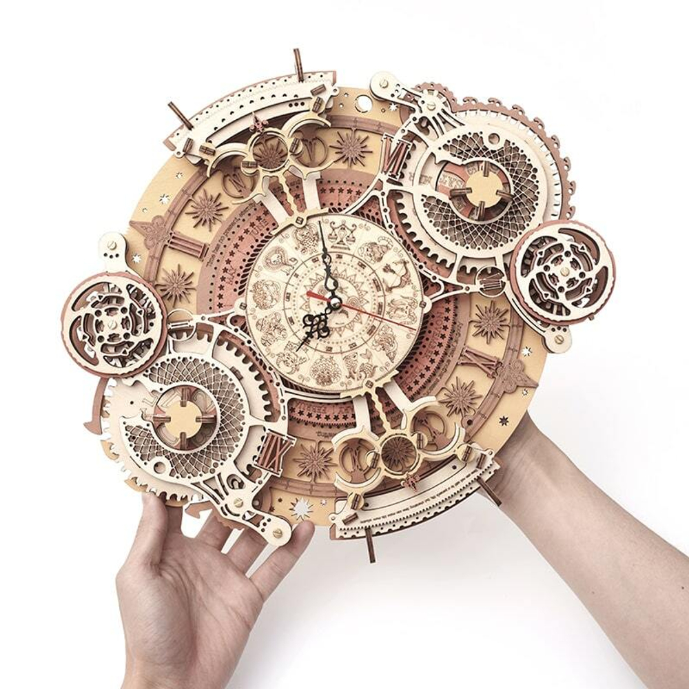 Настенные кварцевые часы с календарём Zodiac Wall Clock (Зодиак) от ROKR - Деревянный конструктор, сборная механическая модель, 3D пазл
