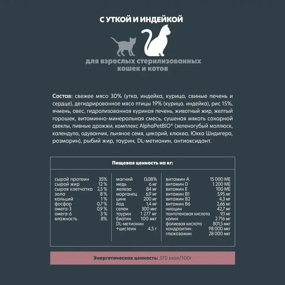 Alphapet superpremium сухой полнорационный корм для взрослых стерилизованных кошек и котов с уткой и индейкой - 400 г