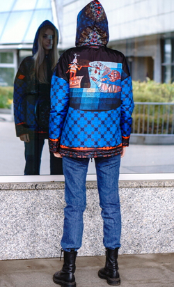 Двусторонняя куртка "Связь времён. Синее и голубое", по мотивам живописи Пауль Клее и знаменитого трактата Андреаса Целлариуса "Гармония Макрокосмоса"