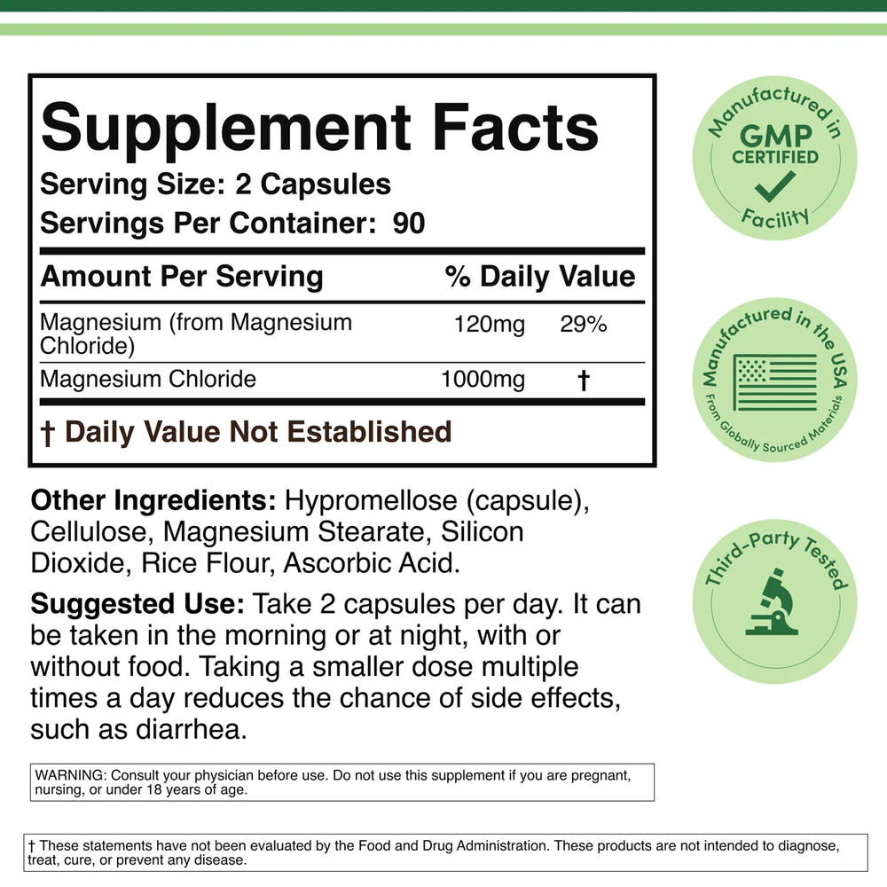 Double Wood Supplements - Magnesium Chloride - 180 x 500 mg capsules