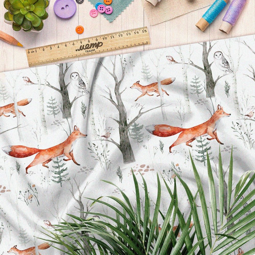 Ткань сатин грациозная лисица между деревьями