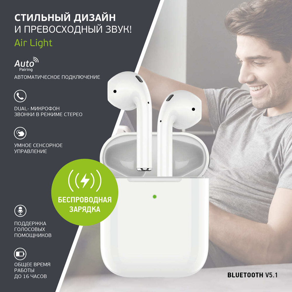 Беспроводные наушники с микрофоном Deppa Air Light, TWS, BT 5.1, 250 мАч, QI (44165) Белый