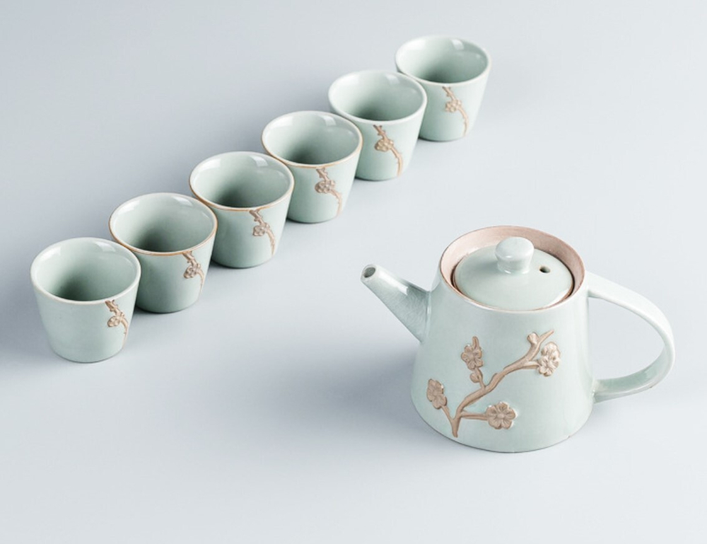 242100.2 Сервиз ГЭЯО "Сакура" зеленый, 1 чайник, 6 пиал , фарфор