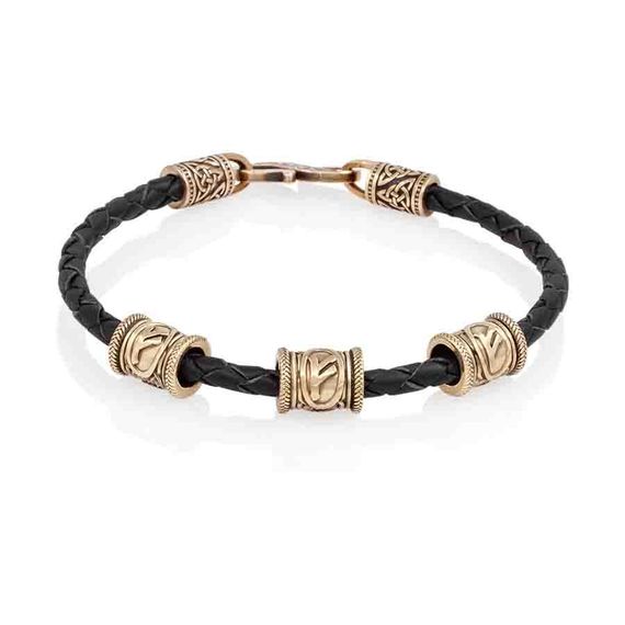 Браслет гайтан черный 3 мм с тремя рунами Феху Бронза, вид 1