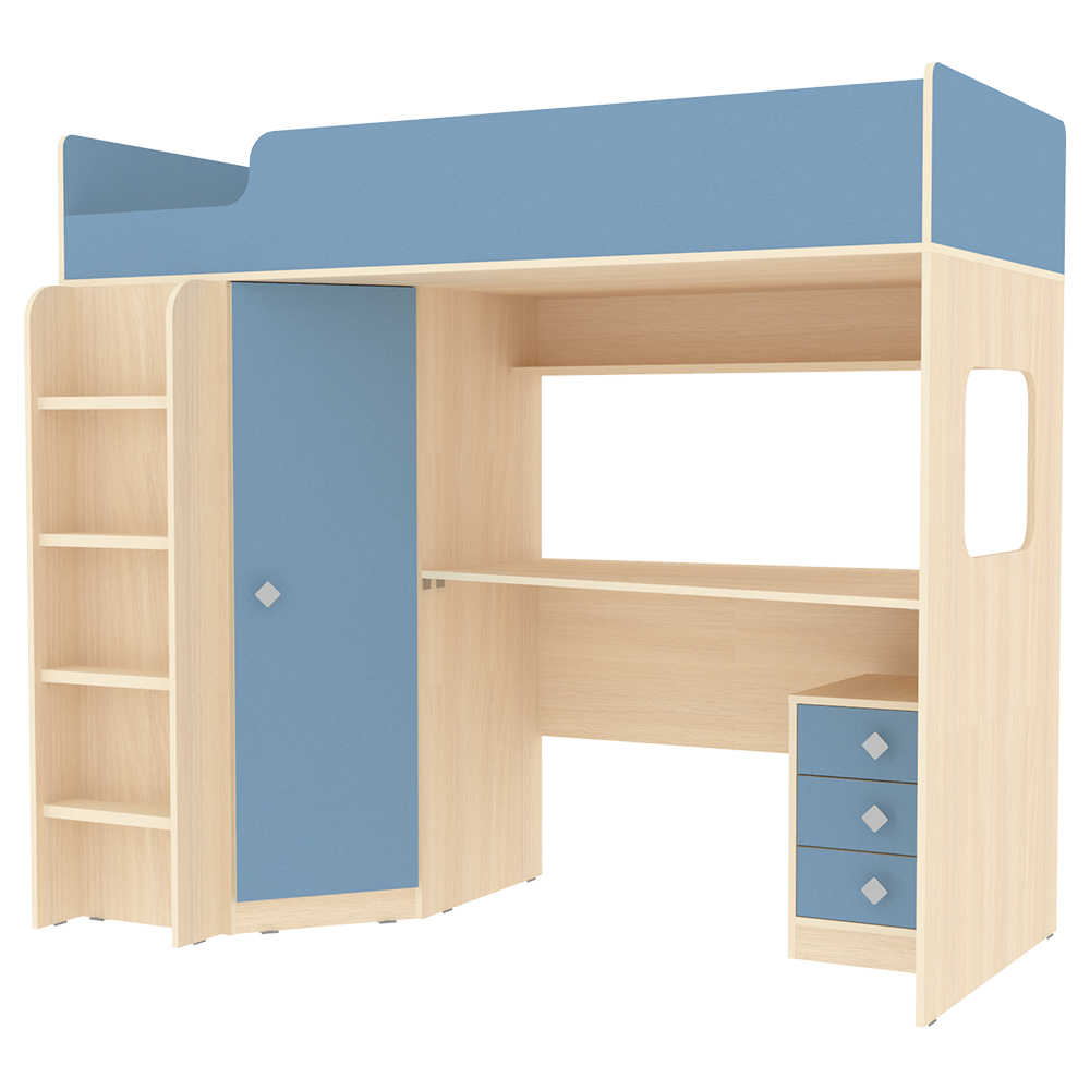 Кровать-чердак КарИВи Л-B605.41 с тумбой 75x175  Дуб Молочный Светло-синий, голубой