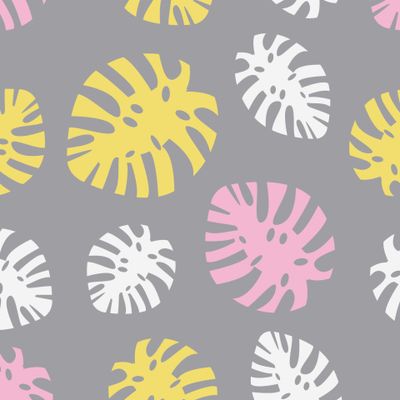 Листья монстеры в желто-серо-розовой гамме