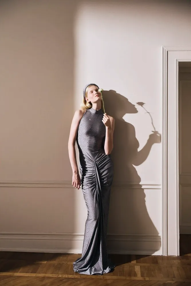 Ivy maxi, платье макси из шоколадного бифлекса со стразами