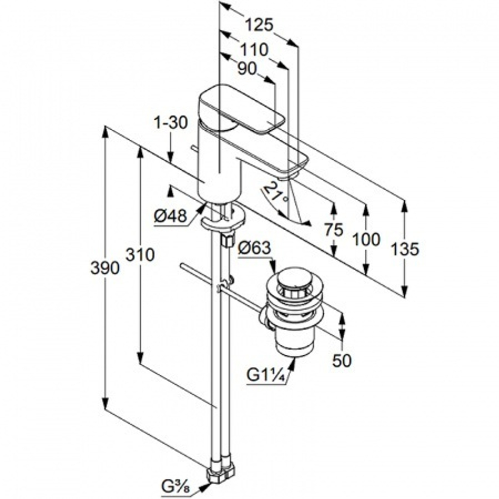 Смеситель для раковины Kludi Pure&Style 75 однорычажный c донным клапаном, черный матовый (403823975)