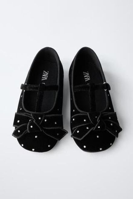 ZARA БАРХАТНЫЕ БАЛЕТКИ С БАНТОМ, ЧЕРНЫЙ