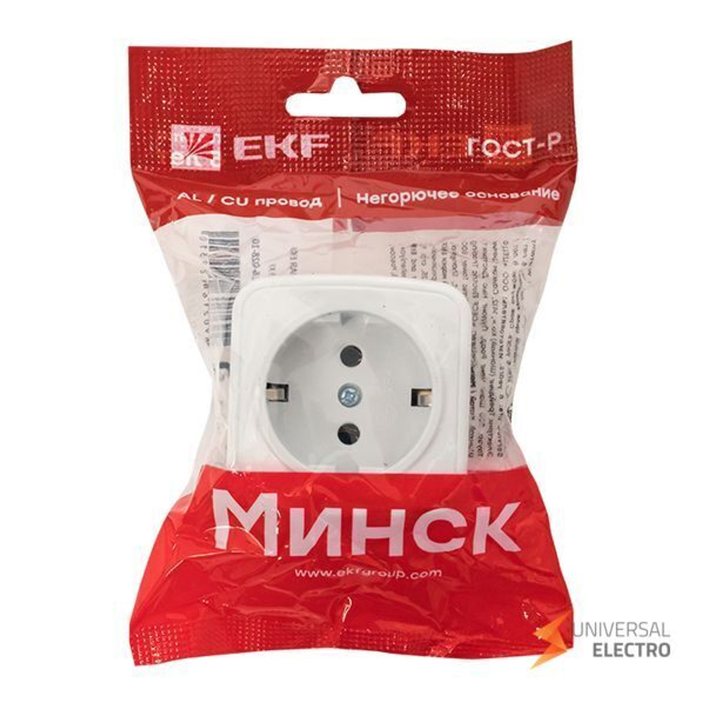 Минск Розетка 1-местная ОП 16А с заземлением белая EKF Basic