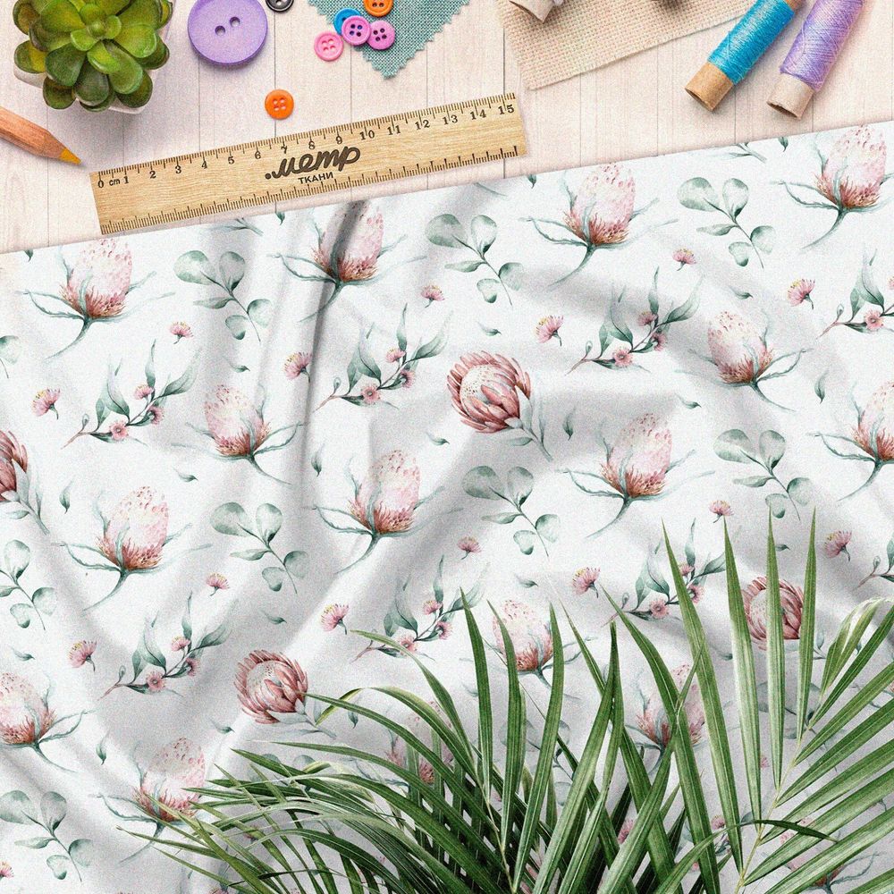 Ткань интерлок клевер с листьями акварельный