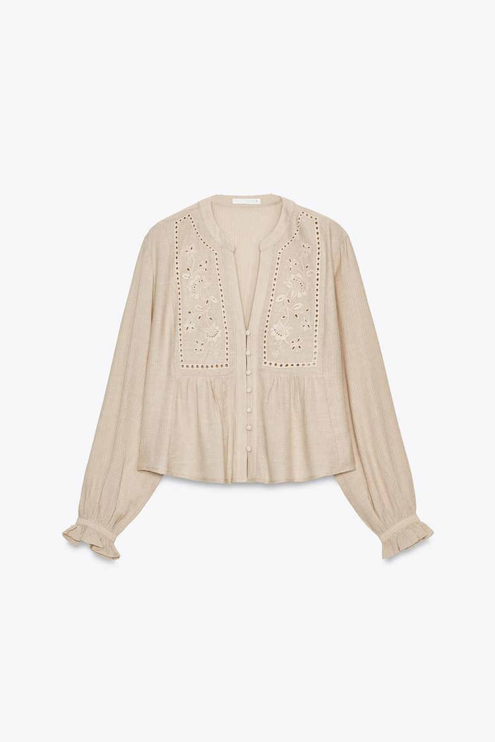 ZARA УКОРОЧЕННАЯ БЛУЗА С АЖУРНОЙ ВЫШИВКОЙ, ПЕСОЧНЫЙ