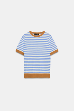 ZARA ТРИКОТАЖНЫЙ ТОП В ПОЛОСКУ, СИНИЙ/БЕЛЫЙ