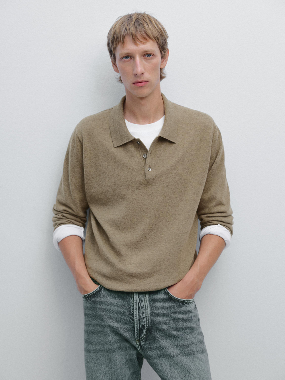 Massimo Dutti Свитер из смесовой шерсти с воротником поло, хаки