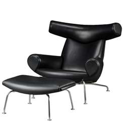 Кресло Ox с оттоманкой, черная кожа