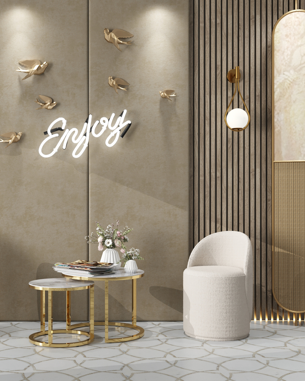 Набор журнальных столиков Селена 60 и 45 см стекло белый мрамор сталь золото