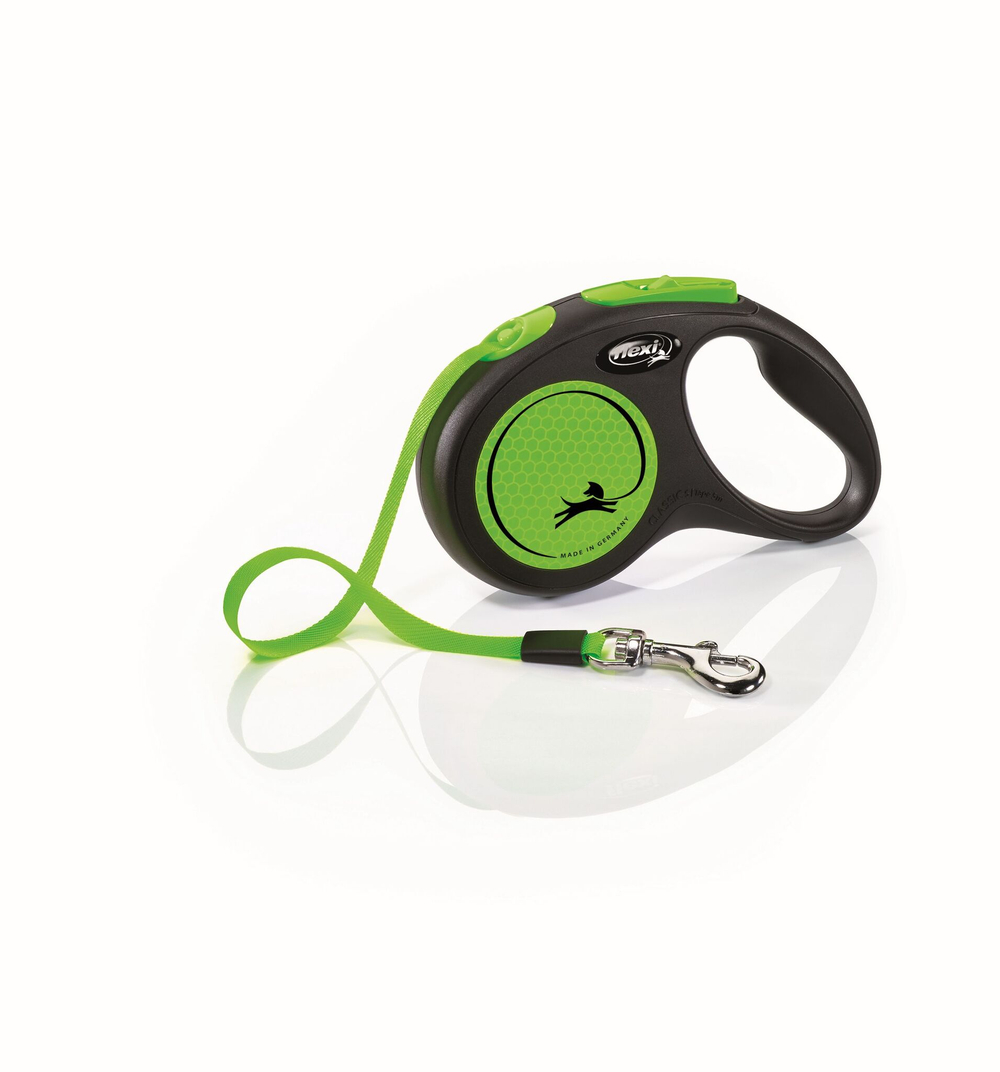 FLEXI Рулетка NEW NEON S ремень 5 м до 15 кг, черный/ неон зеленый