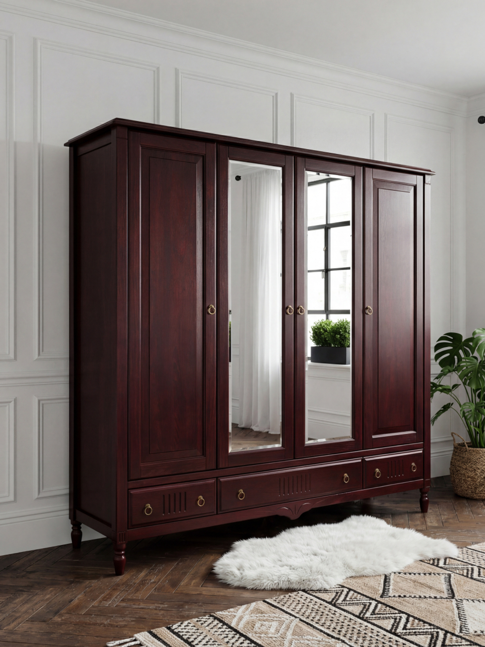 Шкаф 233х68х220, Джоли, распашной, 4 двери, с ящиками для одежды, из массива березы, красный, Makosa