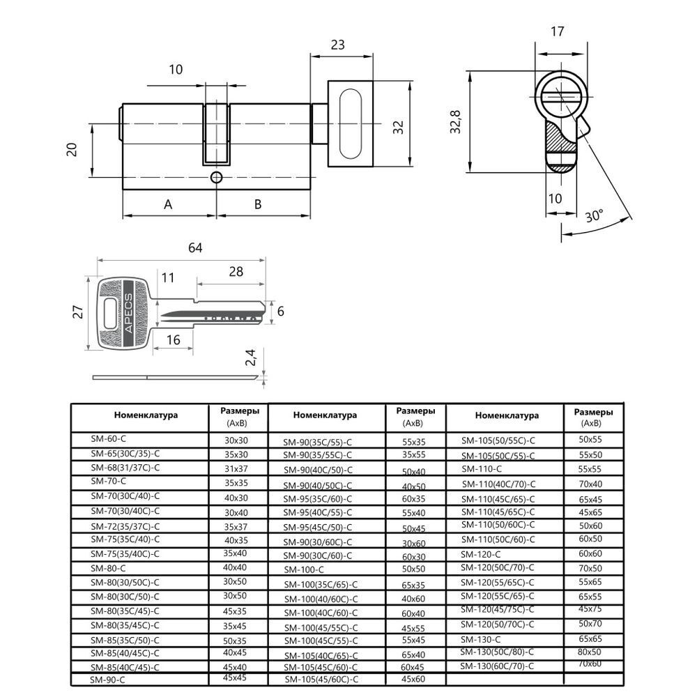 Личинка замка двери Apecs, SM-85(40/45C)-C-NI, 23201, 85 мм, с заверт, никель