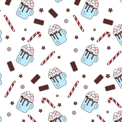 Горячий шоколад в голубой кружке с маршмеллоу и сладостями