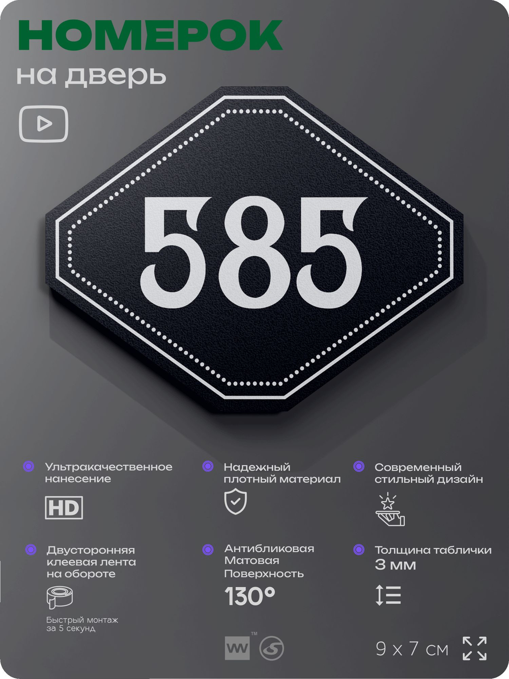 Номерок на дверь квартиры 585, для кабинета, офиса, шильдик 9 х 7 см, черный, Айдентика Технолоджи