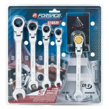 Ключи комбинированные трещоточные с шарниром, набор 5пр. (10, 12-14, 17мм) Forsage F-51052F