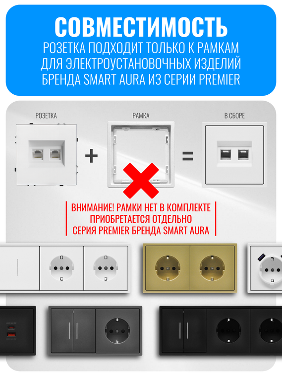 Розетка двойная интернет RJ45 Smart Aura серия PREMIER без рамки