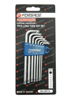 Набор ключей TORX Г-образных длинных, 7пр.(Т10,Т15,Т20,Т25,Т27,Т30,Т40) в пластиковом держателе Forsage F-5071L